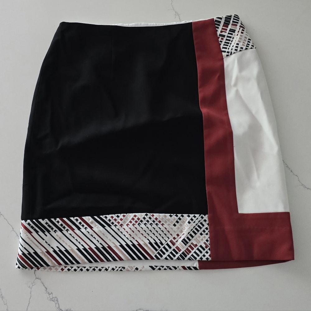 White House Black Market Black and Red Color Block Embroidered Women's Skirt